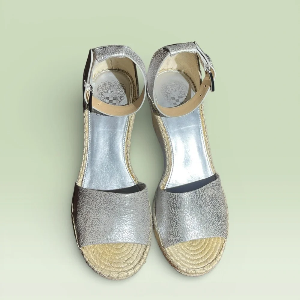 VINCE CAMUTO SILVER WEDGE ESPADRILLE WOVEN LEERA ANKLE STRAP OPEN TOE SANDALS 9